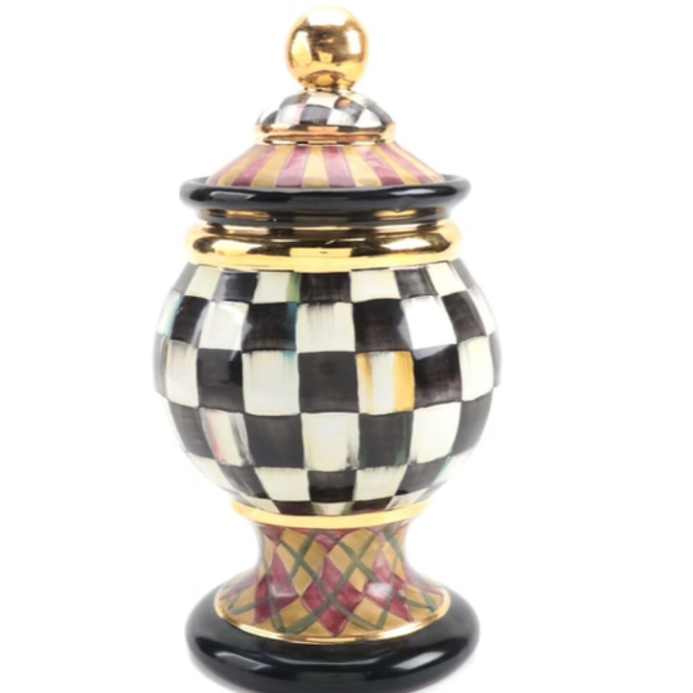 Mackenzie Childs Courtly Check Argyle Globe Canister, Retired, Great Condition